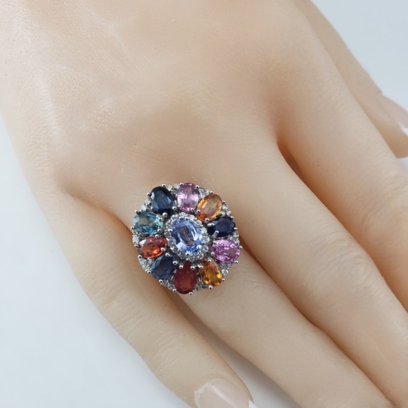 18K White Gold Multicolor Sapphire & Diamond Ring Size 7  #20721 - Picture 8 of 9